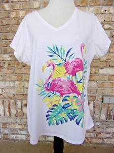 PALM GROVE SZ 1X FLAMINGO PRINT BEACHY SUMMER COTTON BLEND KNIT TEE SHIRT TOP - Picture 1 of 7