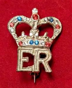 Queen Elizabeth Coronation Brooch Adorned with Red White & Blue Stone Crown ER - Picture 1 of 6
