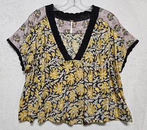 FREE PEOPLE Leilani Crop Top Sz M Black Yellow Print Crochet Neckline Full Back - Picture 1 of 8