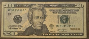 2013 $20 Note Trinary Serial Number ME92399393C - Picture 1 of 2