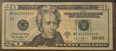 2013 $20 Note Trinary Serial Number ME92399393C - Image 1 of 2