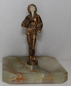 ART DECO FAUX BRONZE METAL FIGURINE W/ MUSICAL INSTRUMENT ON BASE HOOD ORNAMENT - Picture 1 of 6