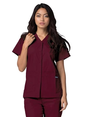 Adar Women Doctor Nurse Short Sleeve Snap Front V Neck Double Pocket Scrub Top - Image 1 of 4