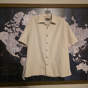 Large Axist Men's Hawaiian Beige Short Sleeve Rayon Blend Shirt Stain Hole - Picture 1 of 9