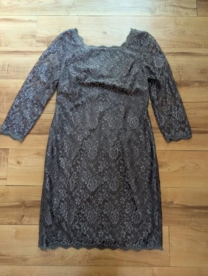 Adrianna Papell Cocktail Evening Grey Lace Dress 3/4 Sleeves Wedding Guest Sz 12 - Image 1 of 4