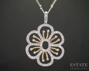 14k Yellow & White Gold Natural .50ctw Diamond Flower Necklace 10.7g 16"L i20383 - Picture 1 of 4