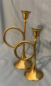 Brass Horn Style Candle Holders Set Of 2 Shiny India 8.5” & 6.5” Vintage - Picture 1 of 9