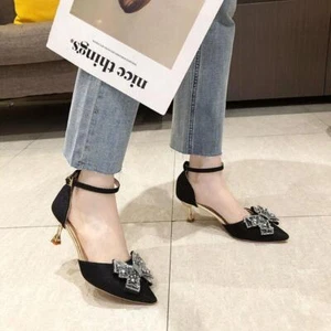 Damen-Hochzeitssandalen spitz zulaufend Knöchelriemen Strass Pfennigabsatz Schuhe - Bild 1 von 15