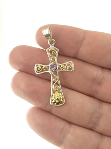Sterling Silver Pendant Cross Amethyst Two Tone Religious Prayer Christian Jesus - Picture 1 of 6