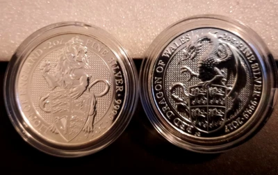 Gran Bretaña 2016 2 oz plata Queen's Beasts The Lion + Red Dragon of Wale 2017 Foto 1 de 4