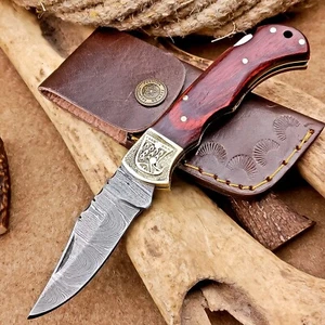CUSTOM Handmade Damascus Pocket Knife – Folding Knife, Leather Sheath IT-1412 - Picture 1 of 12