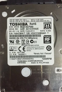 Toshiba MQ01ACF050 500 GB,Internal,7200 RPM,2.5 inch Hard Drive - Picture 1 of 2