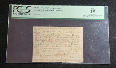 North Carolina Colonial November 21, 1757 5 Pounds PCGS Fine 15 Apparent - Image 1 of 2