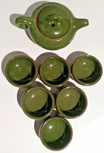 Vintage Japanese Tea Set 1 Pot + 6 Chawan Cups Green Clear Crackled Raku Finish - Picture 1 of 1