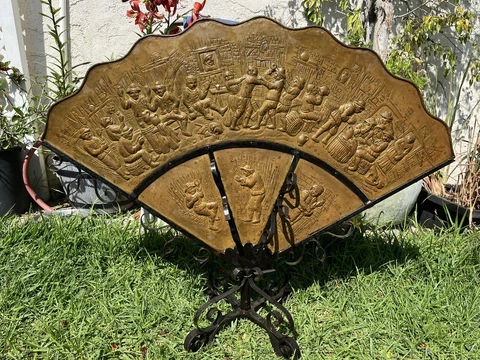 Vintage  Rare Art Deco Brass Fan Fireplace Cover With Wrought Stand Cover