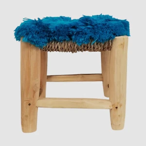 Blue Handmade Yarn Straw Wood Chair Stool Seat 8 in Square - Picture 1 of 7