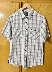 BILLABONG Shirt Men Medium Short Sleeve Button Up White/Blue/Beige Plaid Pockets - Picture 1 of 22