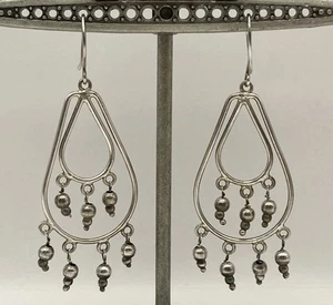 Sterling Silver Tribal Earrings Teardrop Beaded Dangle Pierced Boho Artisan - Picture 1 of 6