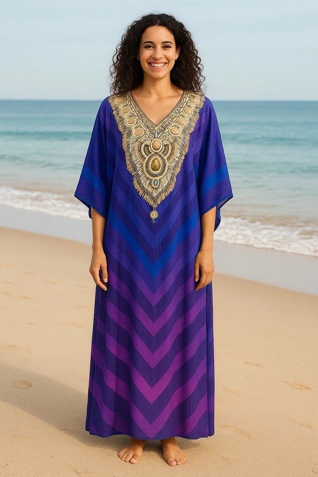 .Free Size Kaftan Tunic Holiday Dress Beach Cover up fits 14,16,18,20,22,24 - Image 1 of 1