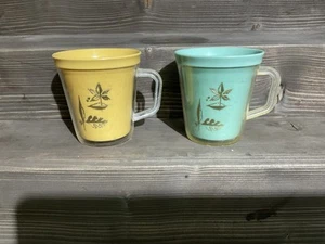 2 Burrite Vintage Double Walled Insulated Mugs Gold leaf 10 oz Yellow Aqua USA - Bild 1 von 4