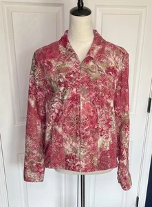 Christopher & Banks Cordjacke rosa hellbraun Blumenmuster durchgehender Reißverschluss geometrisch Größe Large - Bild 1 von 10