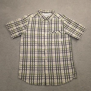 Columbia Men L Seersucker Plaid Vented Shirt Green Gray Lightweight Fishing Hike - Picture 1 of 13