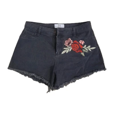 New Look Black Stonewash Denim Hotpants with Floral Embroidery Size 10 - Image 1 of 4