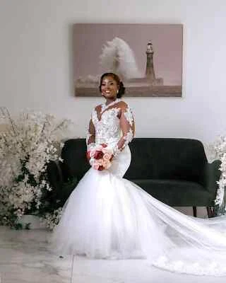 Sexy Mermaid Wedding Dress African Long Sleeved Lace Applique Beaded Bridal Gown - Image 1 of 4