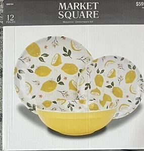 Market Square 12 Piece Lemon Floral Melamine Dinnerware set - Picture 1 of 6