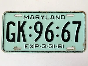 Vintage Maryland 1961 License Plate Number GK:96:67 Original Turquoise Paint - Picture 1 of 2