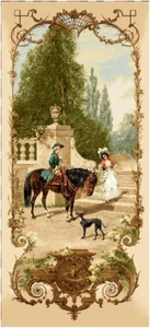 Lesson of Riding Lady Man Horserider Beige Pastoral Tapestry Wall Hanging 62x28 - Picture 1 of 1