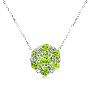 Sterling Silver Peridot and White Topaz Round Flower Pendant Necklace - Picture 1 of 3