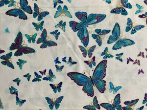 Butterfly Butterflies Blues Purples White Metallic Thread Cotton Fabric FQ - Picture 1 of 5