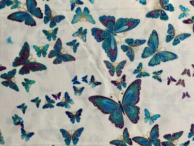 Butterfly Butterflies Blues Purples White Metallic Thread Cotton Fabric FQ  - Image 1 of 4