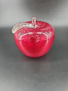 Red Art Glass Apple Clear Stem And Leaf Paperweight - 4.5" Tall & Wide - Picture 1 of 6