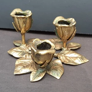Antique Brass Rose Bud Triple Candle Holder Made in England Heavy RARE 5.75"x 3" - Picture 1 of 7