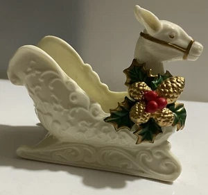 Vintage Ceramic Christmas Deer Sleigh Candy Dish Hand Painted Pine Cones Holly - Picture 1 of 2