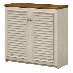 Bush Furniture Fairview Small Storage Cabinet with Doors Antique White/Tea Maple - Picture 1 of 7