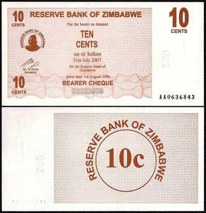 ZIMBABWE 10 Cents BEARER CHEQUE Prefix AA 2006 P-35 UNC Uncirculated - Picture 1 of 1