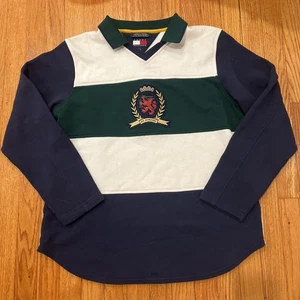 Vintage Tommy Hilfiger Rugby Shirt Sz L Navy Green White Crest - Picture 1 of 4