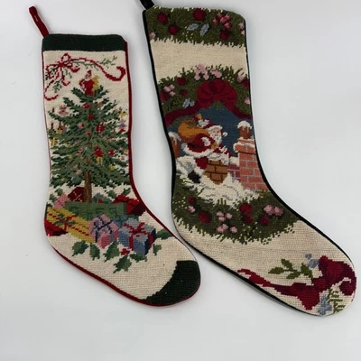 Juego de 2 Medias de Navidad Vintage Punta de Aguja Árbol de Papá Noel Decoración de Vacaciones Foto 1 de 4