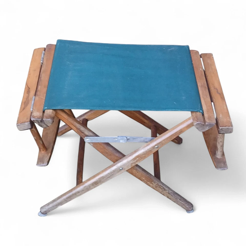 Silla de madera de directores Mid-Century de colección The Telescope asiento de lona verde original Foto 1 de 4