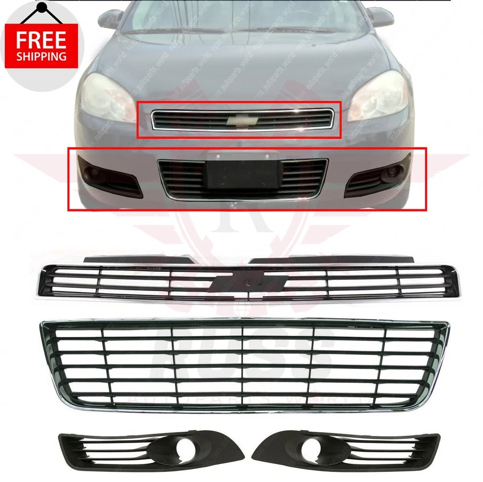 New Front Upper Lower Grille + Fog Light Bezel Fits 2006-2011 Chevrolet Impala Foto 1 de 4