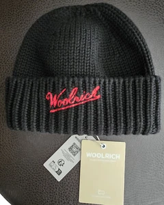 NWT Woolrich Merino Wool Logo Beanie Black Color Size Medium Made In Italy - Picture 1 of 5