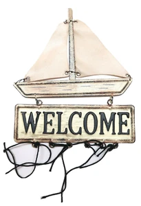 Sail Boat Sign Decor that Says Welcome Metal with hanging black threads - Picture 1 of 5