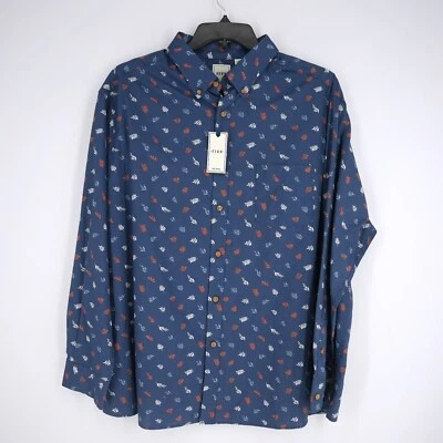 Dillard's Rowm Men's Long-Sleeve Shirt 2XB Big Blue White Red Leaves Cotton NWT - Image 1 of 4