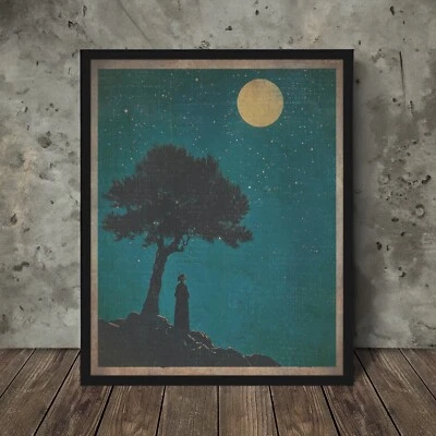 Vintage STARGAZER MOON GIRL Wall Art, Celestial Lunar Decor, Astronomy Poster - Image 1 of 4