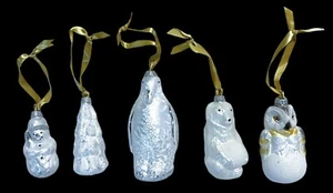 5 adornos navideños vintage de vidrio soplado ALEMANIA búho oso pingüino blanco plata - Imagen 1 de 16