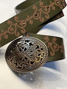 Candies Green Belt ornate Brown Design Leather Oval Brass Buckle 27-31” Waist