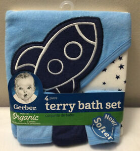 New Gerber 4 Piece Terry Bath Set Hooded Towel & 3 Washcloths Blue Rocket (U16)